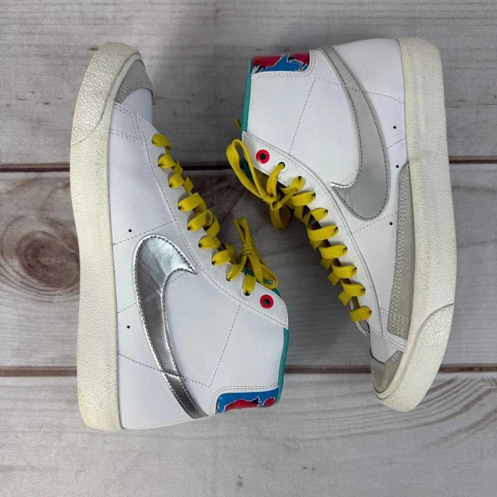 Nike Blazer Mid 7Y‎ Kids White Silver Floral High Top Sneakers Shoes